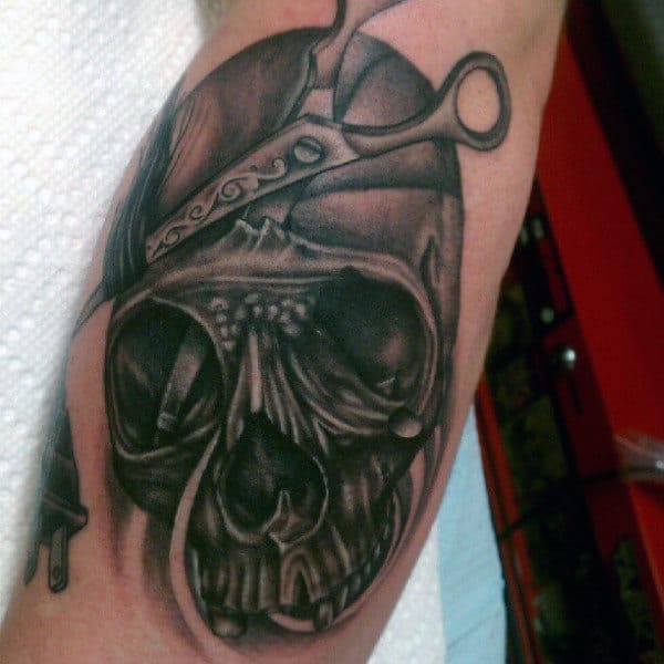 Skull With Scissors Barber Mens Tattoo On Arm