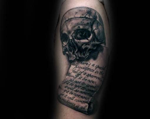 Skull With Scroll Shaded Black And Grey Ink Male Tattoo Design Ideas