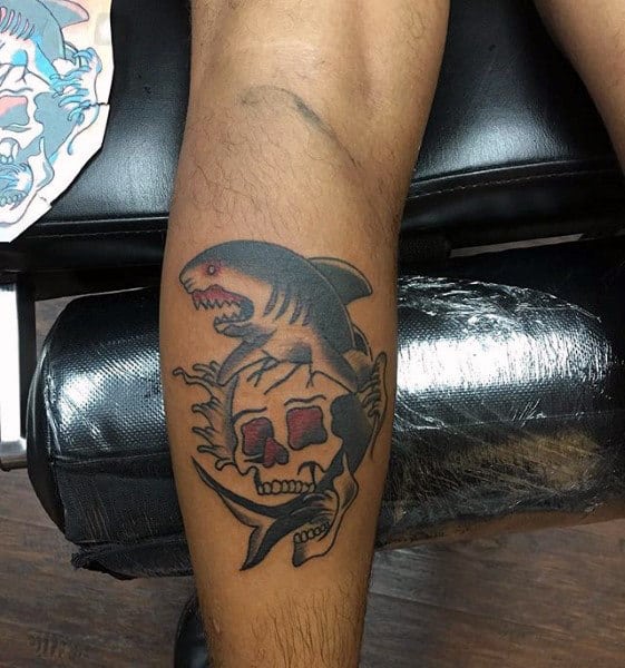 Skull With Shark Traditional Leg Calf Tattoos For Guys