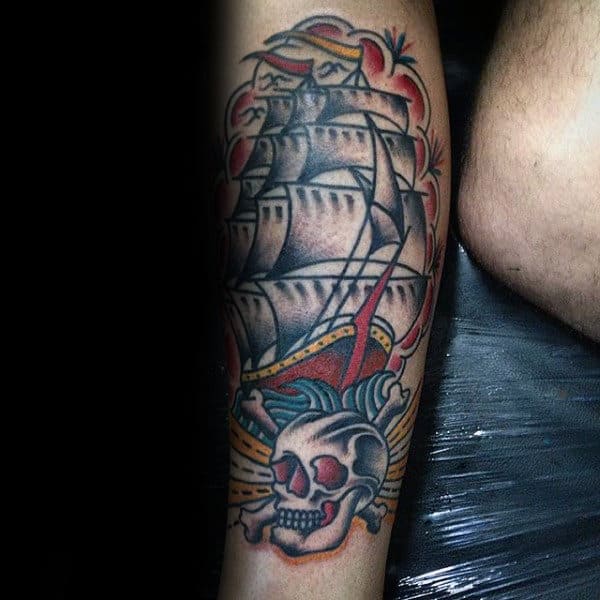 Skull With Ship Guys Traditional Leg Tattoo Design Ideas