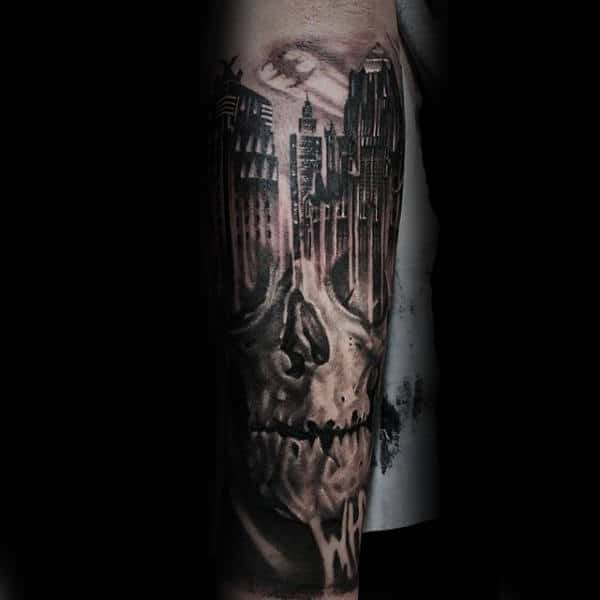 Skull With Skyline Building Forearm Sleeve Tattoo On Man