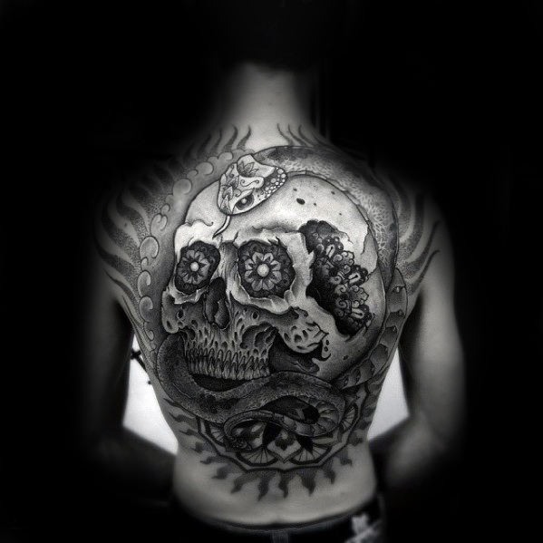 Skull With Snake Guys 3d Back Tattoo Ideas