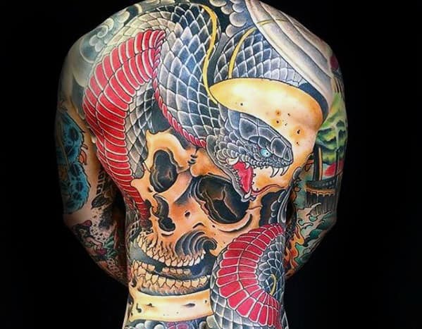 Skull With Snake Japanese Guys Back Tattoo
