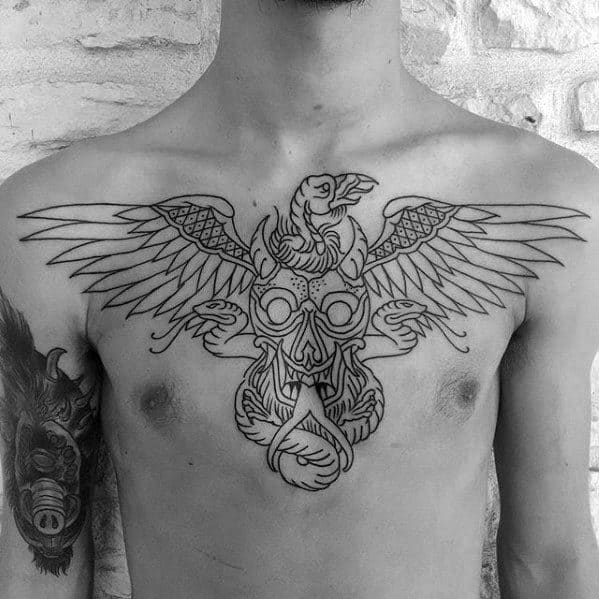 Skull With Snakes And Vulture Guys Upper Chest Tattoos