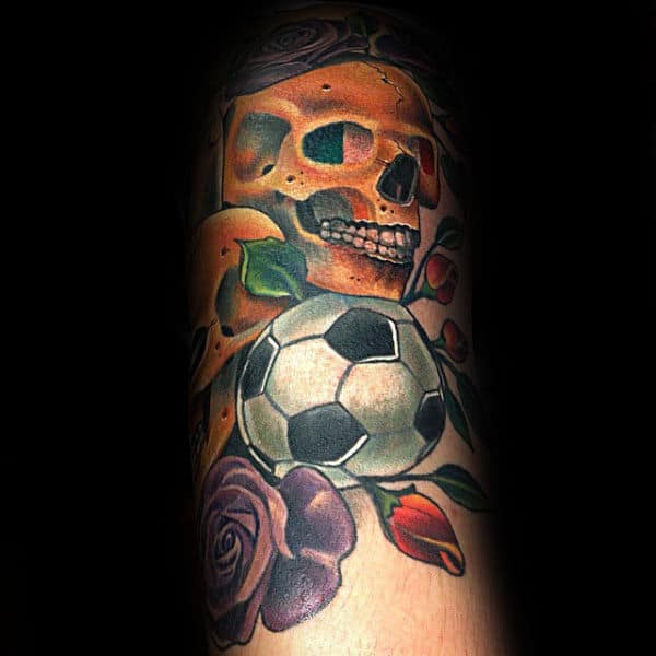 Skull With Soccerball And Roses Mens Forearm Tattoo Designs