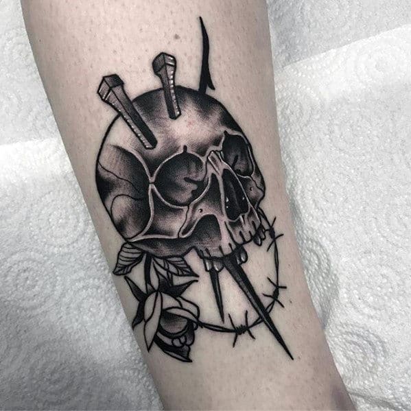 Skull With Spikes Guys Shaded Small Forearm Tattoo