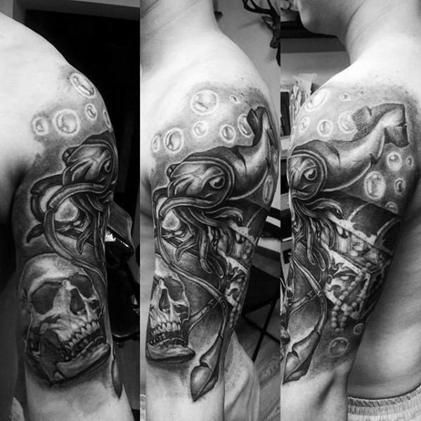 Skull With Squid And Treasure Chest Half Sleeve Shaded Ink Tattoos