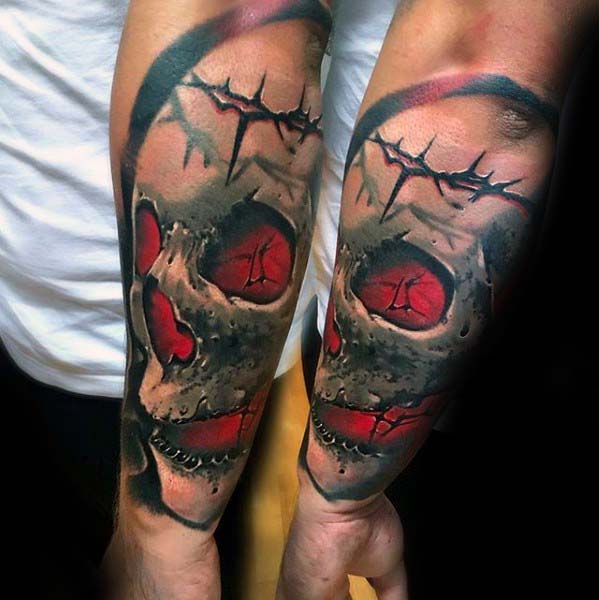Skull With Thorns Badass 3d Male Outer Forearm Tattoo
