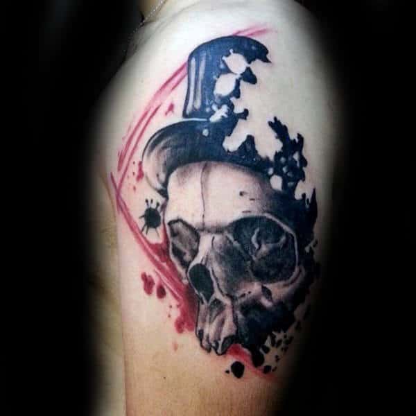 Skull With Top Hat Mens Trash Polka Upper Arm Tattoo