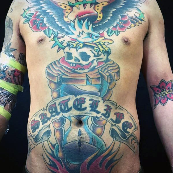 Skull With Traditional Hourglass Guys Chest Tattoo