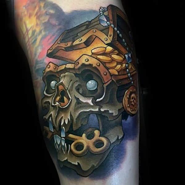Skull With Treasure Chest Mens New School Arm Tattoos