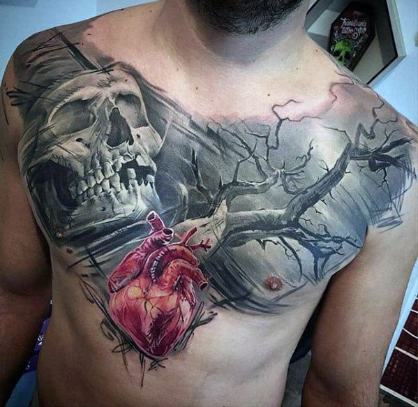 Skull With Tree And Heart Mens 3d Chest Tattoo