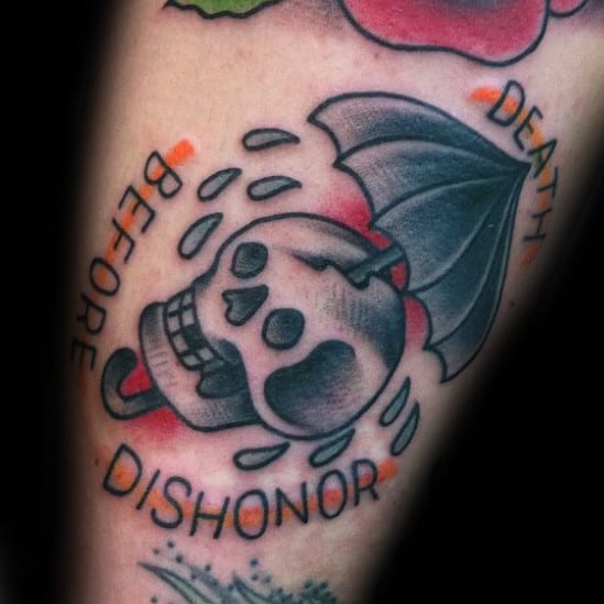 Skull With Umbrella Death Before Dishonor Small Mens Arm Tattoo
