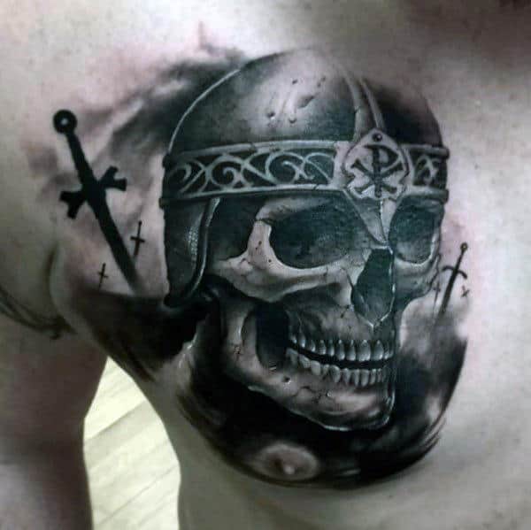 Skull With Warrior Helmet Chi Rho Upper Chest Watercolor Tattoo For Men