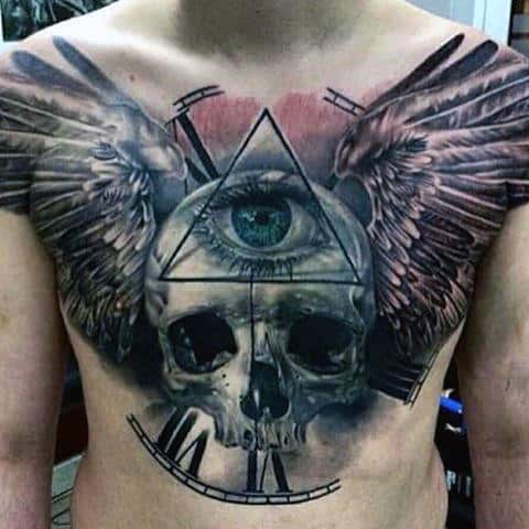 Skull With Wings And All Seeing Eye Masculine Guys Chest Tattoo Design Ideas