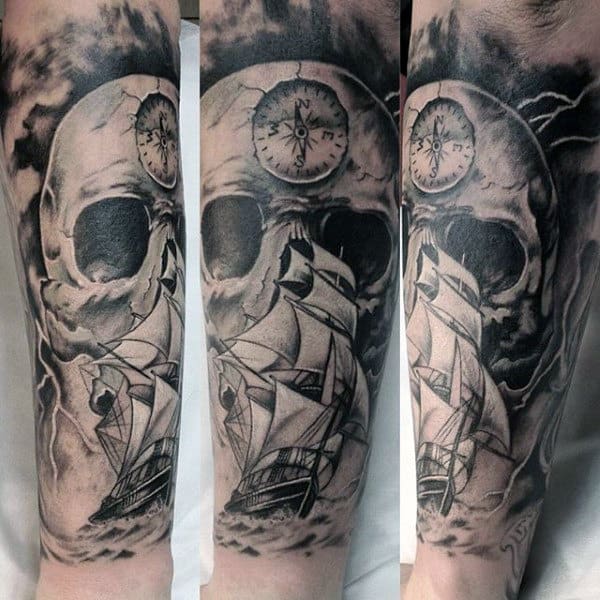 Skull Wrist Sailors Compass Mens Tattoo
