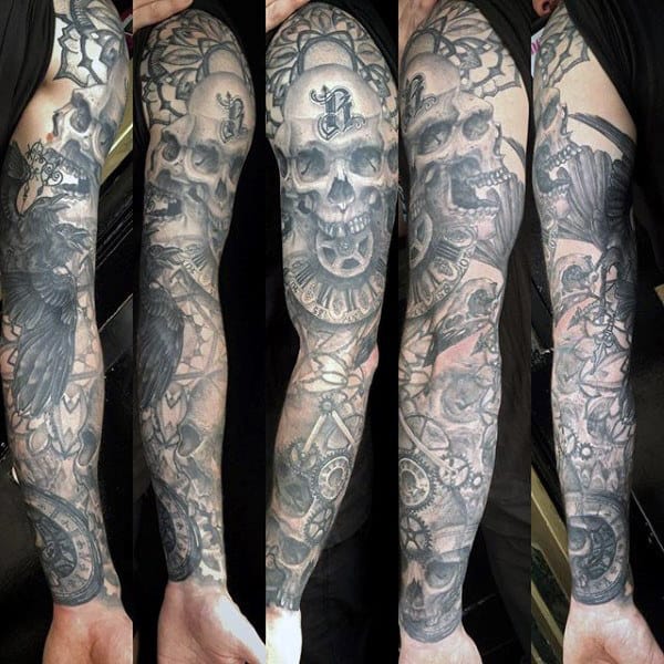 Skulls Guys Tattoo Sleeve With Mehcanical Gears