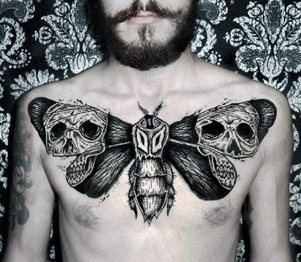 Skulls Moth Wings Mens Upper Chest Tattoos