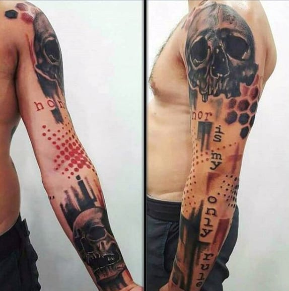 Skulls Trash Polka Abstract Male Arm Tattoo Ideas