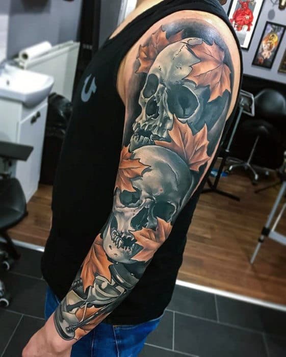Skulls With Fall Leaves Mens Realistic 3d Full Arm Sleeve Tattoo