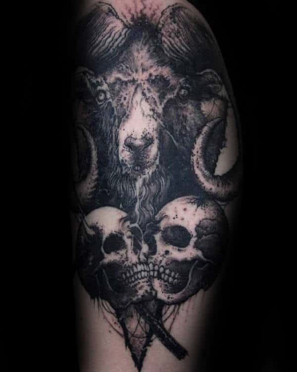 Skulls With Goat Mens Detailed Arm Tattoo Design Ideas