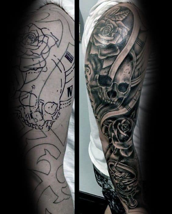 Skulls With Rose Flowers Mens Tattoo Cover Up Sleeve With Shaded Design