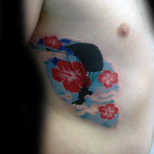Sky Diving Tropical Flower Parachute Guys Rib Cage Side Tattoos