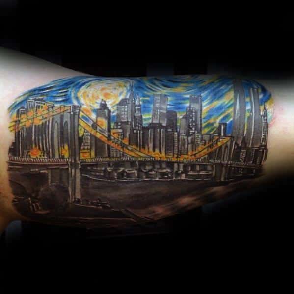 Skyline With Starry Night Unique Mens Bicep Inner Arm Tattoos
