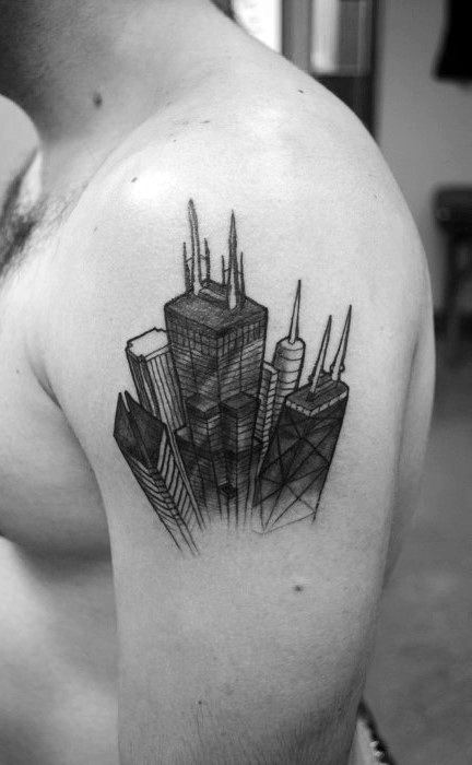 Skyscraper Sketched Mens Building Upper Arm Tattoos