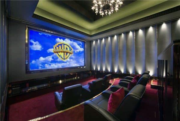 home theater with chandelier lighting 