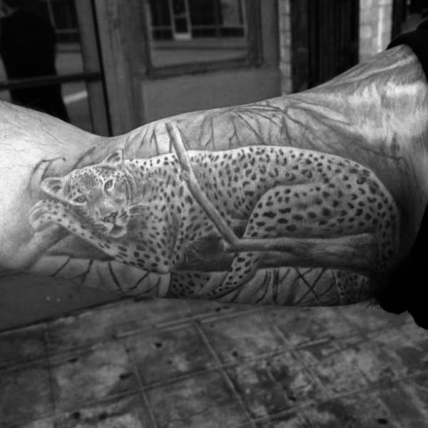 Sleeping Leopardin Tree Guys Half Sleeve Shaded Tattoo Ideas