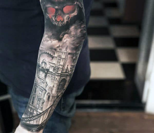 Sleeve Building With Glowing Red Skull Tattoos For Males