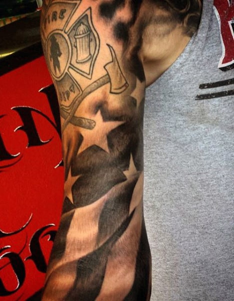 Sleeve Firefighter Flag Tattoo For Men