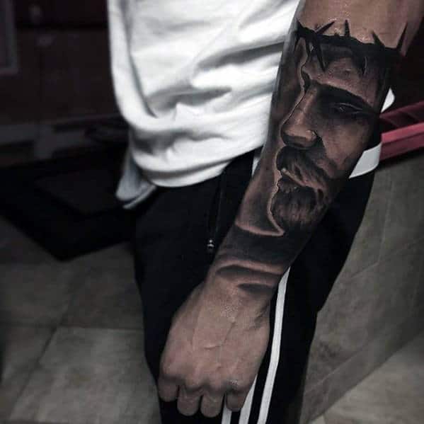Sleeve Forearm Male Catholic Jesus Tattoo