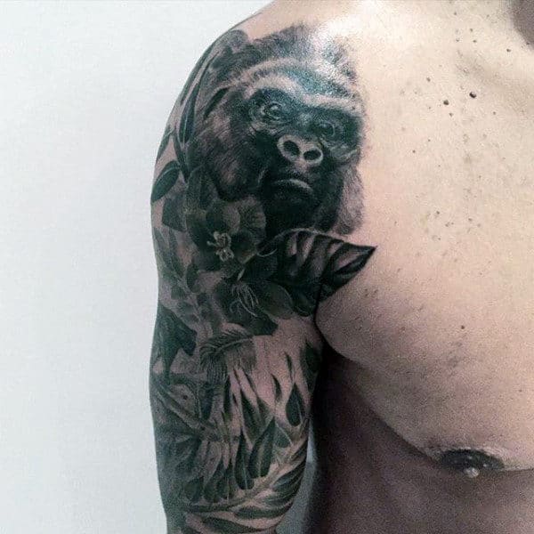 Sleeve Gorilla Guys Tattoo In Black Ink