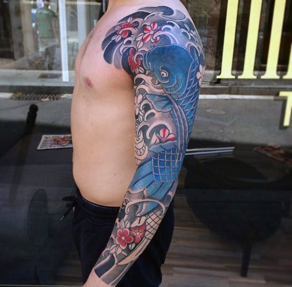 Sleeve Guys Blue Koi Fish Japanese Wave Tattoo Design Ideas