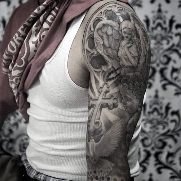 Sleeve Guys Shaded Black And Grey Catholic Themed Tattoo Ideas