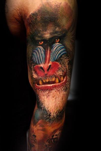 Hyper-realistic baboon tattoo sleeve with intense shading, lifelike fur details, and piercing eyes, creating a bold and powerful design.