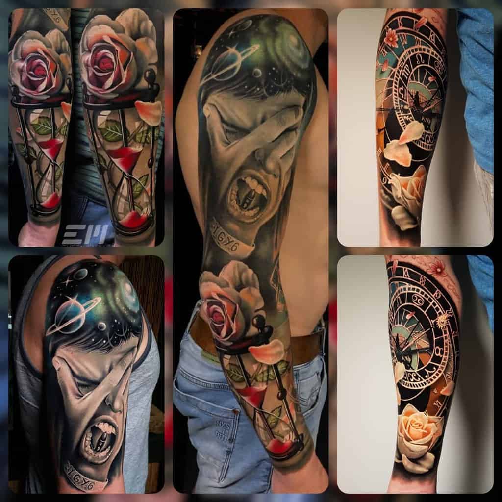 Intricate sleeve tattoo featuring 'IGY6,' a screaming face, roses, hourglass, celestial elements, and a detailed clock design