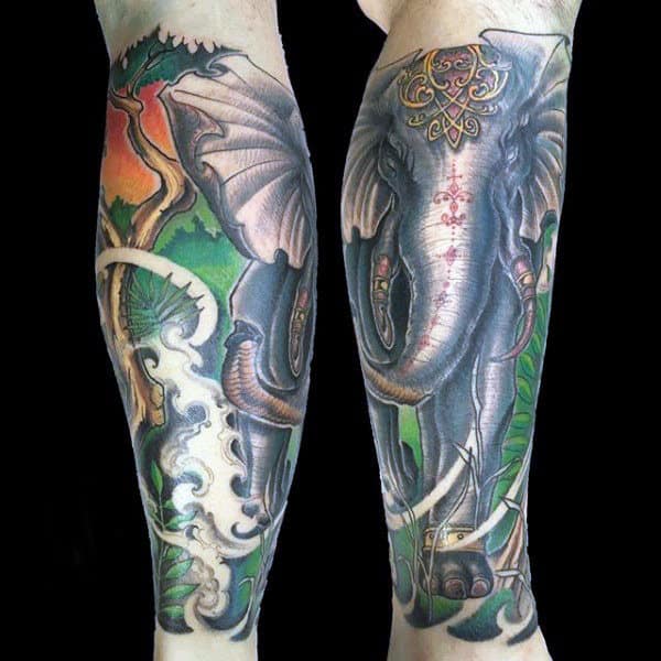 Sleeve Leg Calf Male Elephant Tattoo Design Ideas