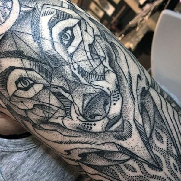 Sleeve Male Geometric Dog Tattoo With Dot Work