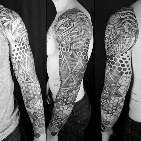 Full sleeve tattoo inspired by MC Escher, combining geometric patterns, tessellated shapes, and interlocking stars in a surreal, mathematical design.