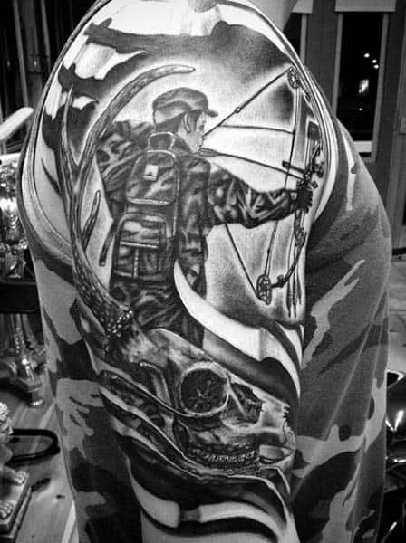 Sleeve Mens Archery Hunting Tattoos With Skulls In Black Ink