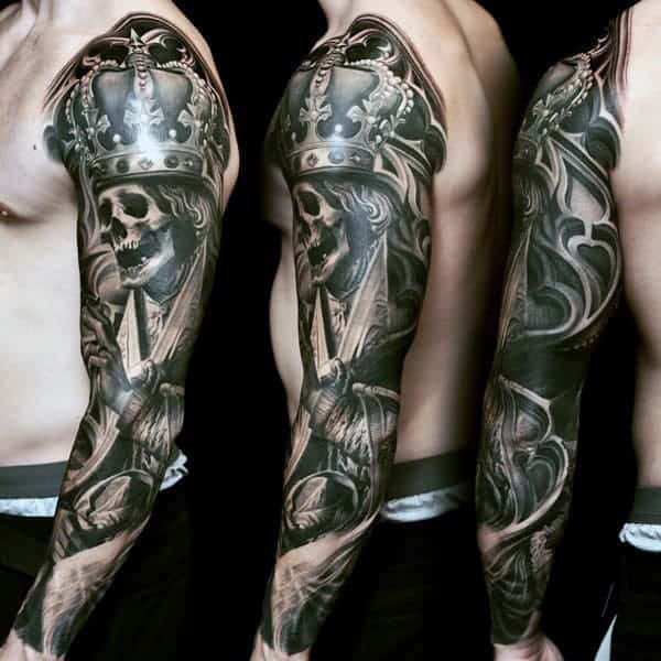 A full-sleeve tattoo showing a crowned skeleton holding a scythe, viewed from three angles