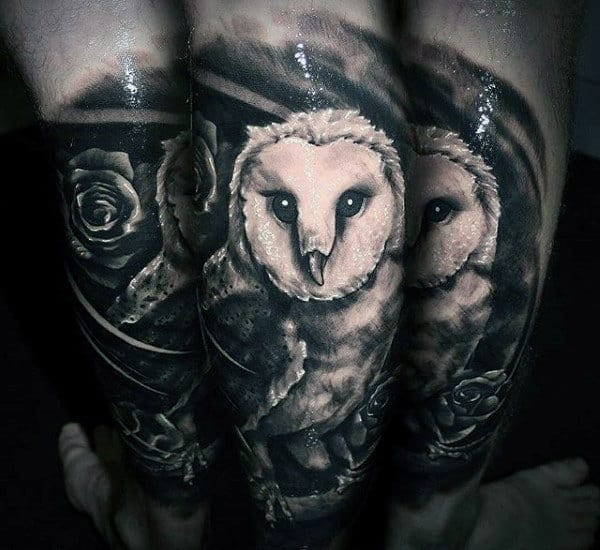 Sleeve Tattoo Of Barn Owl On Man