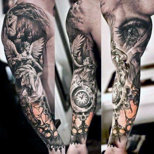 Full sleeve tattoo depicting an angel, clock, and detailed artistic elements