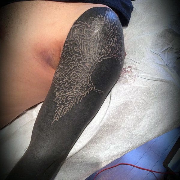 Sleeve Upper Arm White Ink Over Black Mens Tattoo Design