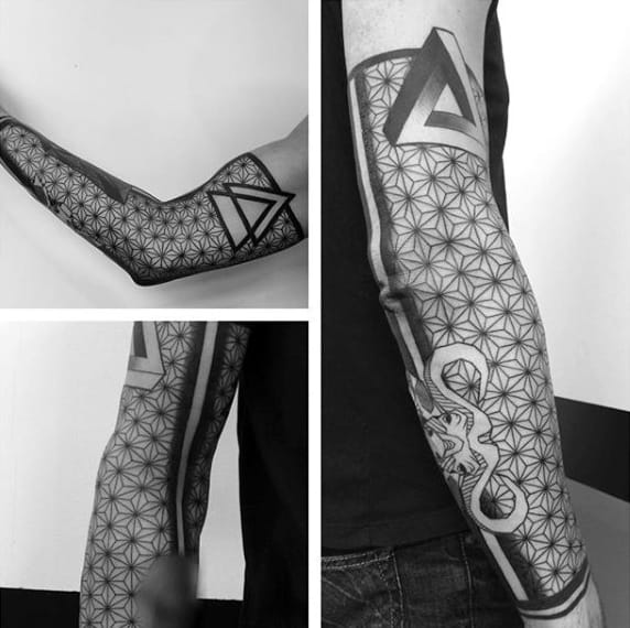 Sleeved Penrose Triangle Tattoo With Geometric Patterns On Arms For Men