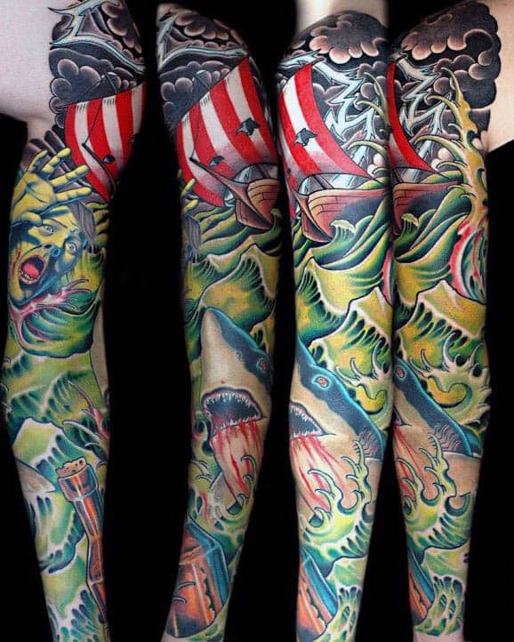 Sleeves 3D Tattoo Of Shark For Men