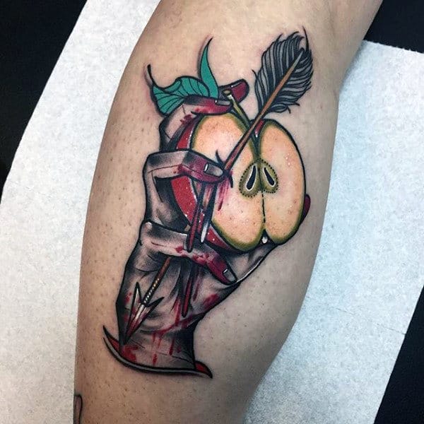 Sliced Apple With Arrow And Hand Mens Leg Calf Tattoos